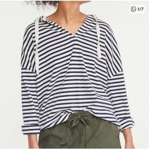 Lou & Grey Organic Navy/Cream Striped Hoodie Size Medium Nautical Coastal Resort